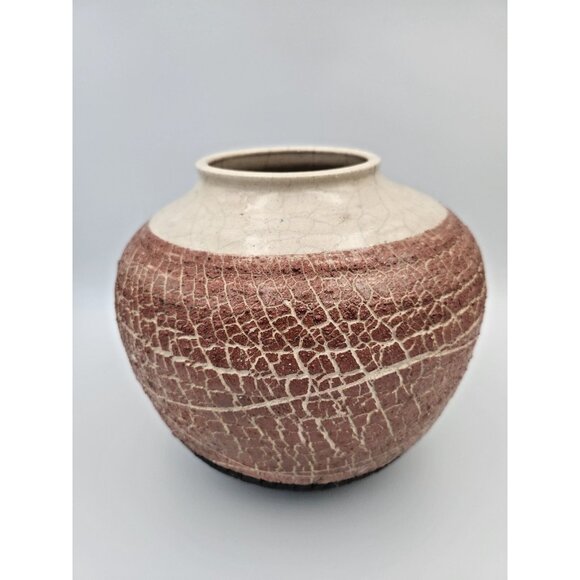 Artist Signed Large Dark Pink/Black Textured Raku Fired Round Vase 7"H - Picture 2 of 10